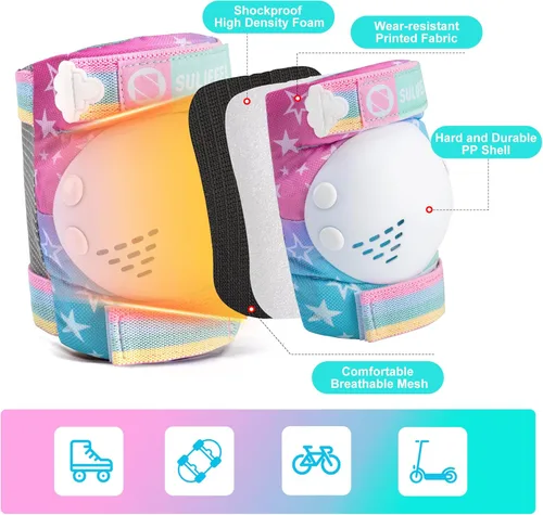 Vista 6 de SULIFEEL Patines ajustables para principiantes con rodilleras de unicornio arcoíris verde y rosa