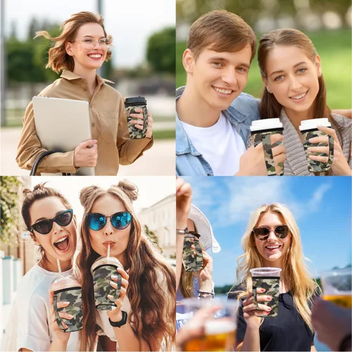 Vista 7 de Funda aislante reutilizable de neopreno con piel de camuflaje del ejército para bebidas, con asa, para la mayoría de cafés o bebidas heladas, 16-18