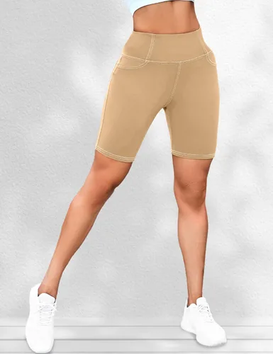 Vista 2 de VOOVEEYA Pantalones cortos de ciclismoyoga de cintura alta de 5"8" con bolsillos para mujer - Pantalones cortos de spandex para gimnasio que