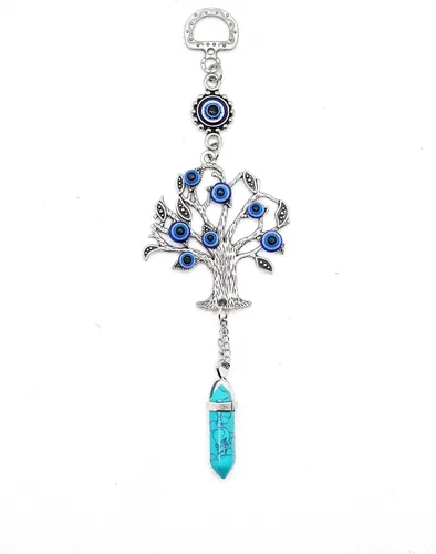 Vista 10 de LUCKBOOSTIUM Amuleto plateado con árbol de la vida con ojo malvado azul y piedra preciosa de cristal, dije para crecimiento, fuerza, protección