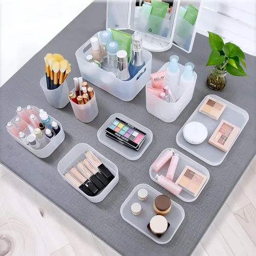 Vista 3 de OCHEAL Juego de estuche organizador de maquillaje: almacenamiento apilable transparente para tocador, soporte de varios tamaños para maquillaje