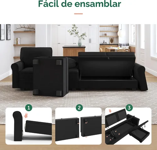 Vista 7 de HONBAY - Sofá seccional con asiento de almacenamiento de terciopelo, en forma de U, con tumbona reversible, sofá seccional convertible para sala