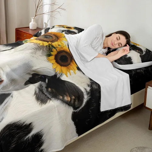 Vista 5 de Erosebridal Sábanas de cama con estampado de vaca, tamaño individual, juego de sábanas de girasol, juegos de sábanas y fundas de almohada con Multi