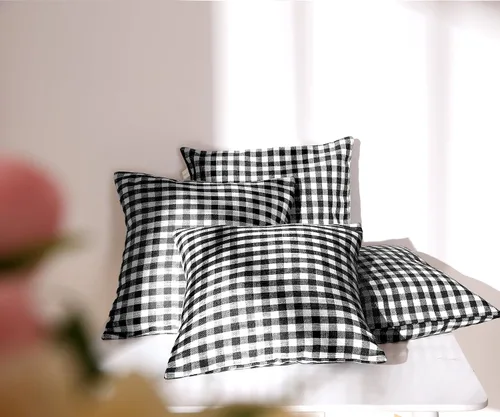 Vista 33 de Deconovo Almohada decorativa de lino sintético para el hogar, hecha a mano, a cuadros, para sofá, 18 x 18 pulgadas, gris oscuro y blanco