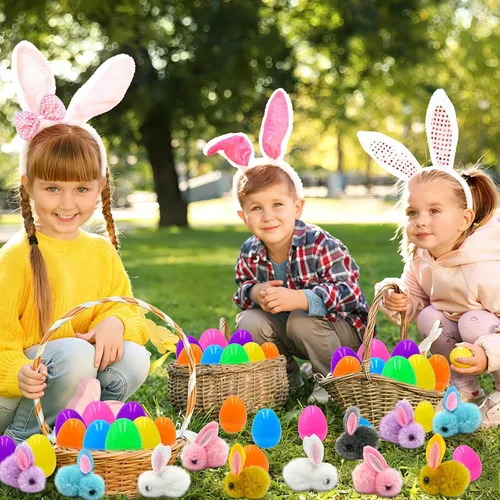 Vista 4 de Paquete de 24 juguetes de peluche rellenos de huevos de Pascua, coloridos rellenos de huevos de Pascua a granel para niños, adolescentes, niños