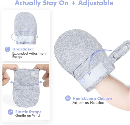 Vista 3 de HAPIU Manoplas para bebé que no se rayan, 100% algodón transpirable, guantes ajustables para niños y niñas, recién nacidos, 12 M