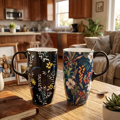 Vista 2 de DUSVALLY Juego de 2 tazas de viaje de cerámica con tapas, juego de tazas florales grandes de 17 onzas con asas, aptas para microondas