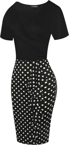 Vista 4 de oxiuly OX300 - Vestido de tubo delgado con cuello en V y dobladillo con volantes para mujer, elegante, para fiesta, iglesia, vestido ajustado