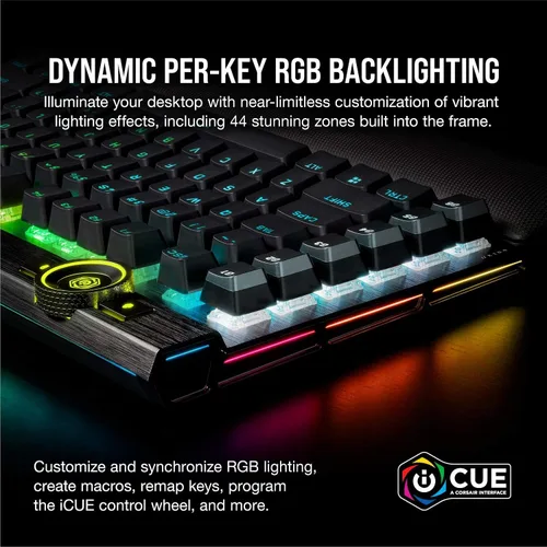 Vista 5 de Corsair Teclado mecánico óptico K100 RGB para juegos - Corsair OPX RGB - Teclas ópticas y mecánicas - Tecnología AXON de hiperprocesamiento para un