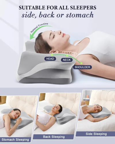 Vista 3 de Almohada cervical para el alivio del dolor de cuello, almohadas de espuma viscoelástica de enfriamiento ergonómicas para dormir con funda de Gris