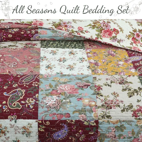 Vista 5 de Cozy Line Home Fashions Juego de ropa de cama de colcha reversible de retazos floral paisley rojo burdeos de algodón 100% de lujo, colcha, cubrecama