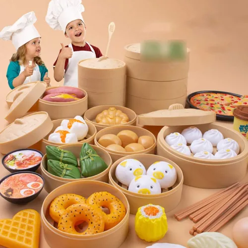 Vista 7 de NUOBESTY Juego de comida china para el desayuno, 58 piezas, juguetes de cocina con Dim Sum para cocinar alimentos para niños, juego de rol