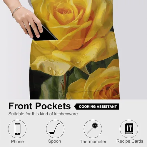 Vista 5 de MUSM Yellow Rose Apron，Classic Vintage Funny with Pockets Aprons,Adjustable Bib Waterdrop Resistant for Kitchen Cooking Restaurant BBQ Painting