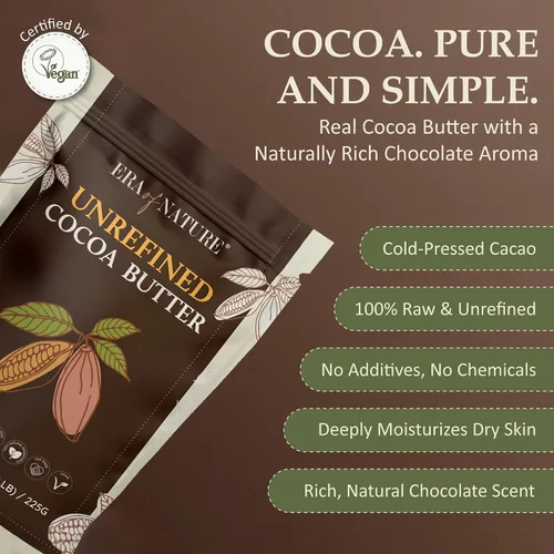 Vista 2 de Era of Nature Manteca de Cacao Cruda – 100% Pura y Sin Refinar, Cacao Prensado en Frío – Para Cuidado de la Piel y del Cabello DIY – Hidratación