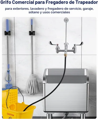 Vista 3 de Grifo de fregadero de fregona con interruptor de vacío y mango de muñeca, montaje en pared de 8 pulgadas en los centros con mangos de hoja de muñeca