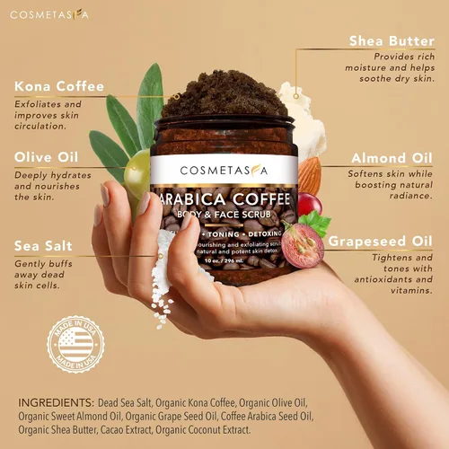 Vista 3 de Cosmetasa Kit de aceite de masaje – Aceite de masaje anticelulitis con café arábica orgánico exfoliante facial y corporal, guantes exfoliantes
