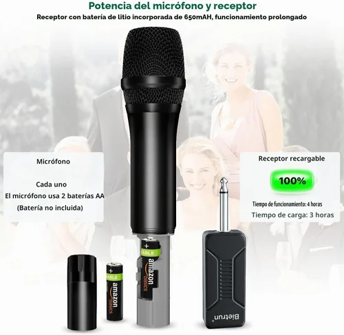 Vista 5 de Bietrun - Micrófono inalámbrico, micrófono dinámico con receptor recargable, conexión automática, diseño de todo metal, rango de 160 pies, micrófono