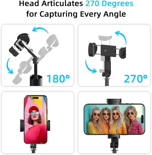 Vista 3 de Trípode para selfie stick de 61 pulgadas con control remoto Bluetooth, soporte extensible de aluminio resistente para vlogging con base de metal