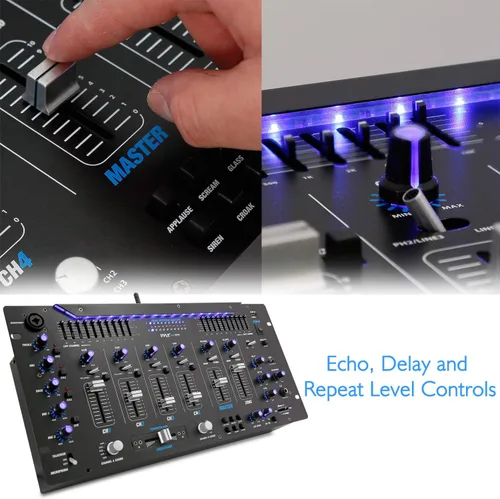 Vista 5 de Pyle Mezclador de 6 Canales, Controlador DJ Bluetooth, Mezclador Estéreo, Sistema de Sonido Profesional, Iluminación LED, Mezclador de Audio