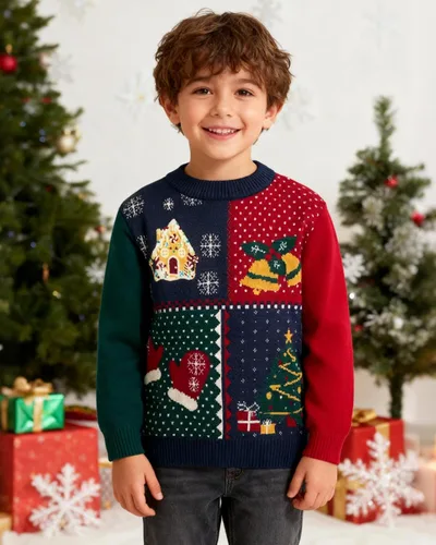 Vista 3 de SANMIO Suéter de manga larga con botones para bebés, niños y niñas, diseño de ciervo, Navidad, 6M-4T Navidad verde
