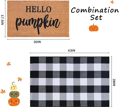 Vista 2 de Juego combinado de tapetes de puerta de decoración de otoño, tapete de bienvenida 100% fibra de coco + alfombra a cuadros blancos y negros de 28 x