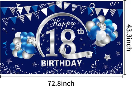 Vista 2 de Cartel de cumpleaños número 18 azul y plateado para hombres y niños, suministros de fiesta de telón de fondo de feliz cumpleaños de 18 años, póster