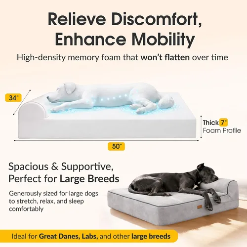 Vista 25 de KOPEKS Cama ortopédica de espuma viscoelástica para perros de 7 pulgadas de grosor, cama extragrande para perros con almohada, color marrón, 50 x 34