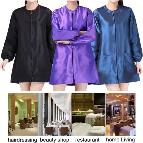 Vista 4 de TOPTIE Personalizado Bordado Satén Manga Larga Salón Smock Unisex Peluquero Peluquero Capa Chaqueta Mascota Aseo Ropa de Trabajo