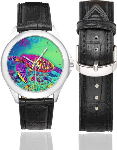 Vista 2 de InterestPrint Octopus Sea Turtle Dolphin - Reloj de pulsera para mujer, resistente al agua, acero inoxidable, correa de piel, color negro