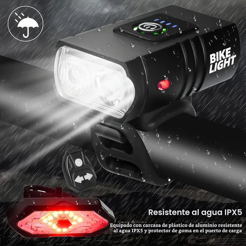 Vista 5 de Juego de luces de bicicleta, luz recargable USB para bicicleta delantera y trasera, 1000 lúmenes para bicicleta y luz trasera con señal de giro