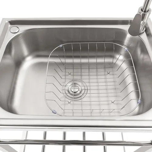 Vista 7 de Fregadero de cocina de acero inoxidable con soporte, fregadero de lavandería simple para el hogar con grifo, lavabo multiusos independiente