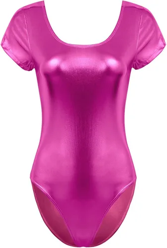 Vista 5 de Hedmy Leotardo de manga corta para mujer, de elastano, metálico, brillante, para gimnasia, danza, leotardo
