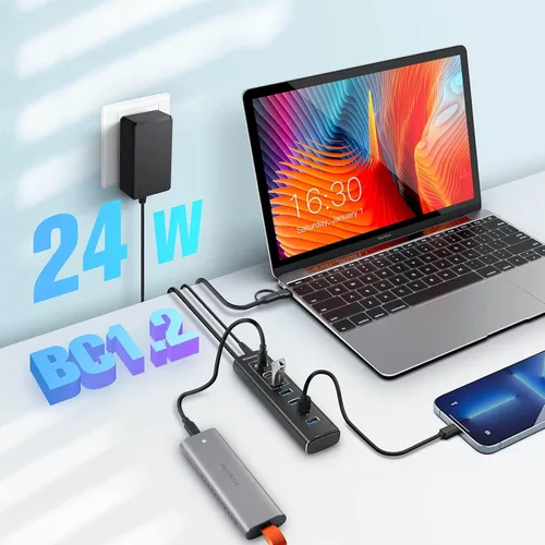Vista 2 de Concentrador USB alimentado, concentrador USB 3.2/USB C de 7 puertos Rosonway con USB-A 3.2 de 10 Gbps, 2 USB-C 3.2, 4 puertos USB 3.0