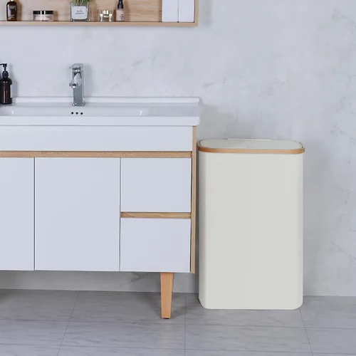 Vista 5 de Cesta de lavandería delgada, cesta estrecha con tapa, cesta de 60 litros para lavandería, cesta de tela sucia con mango de bambú para juguetes, Beige