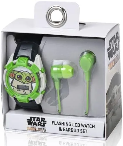 Vista 4 de Accutime Lucasfilm Star Wars Baby Yoda - Juego de reloj digital para niños, luces LED intermitentes, pantalla LCD con auriculares, reloj para niños