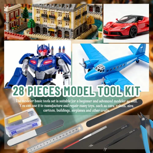 Vista 7 de Bigstone Kit de 28 herramientas de modelo, herramientas de construcción de pasatiempos, juego de manualidades, herramientas básicas de bricolaje