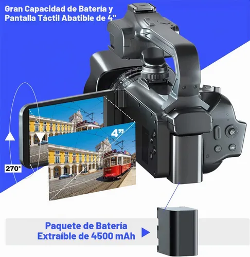 Vista 4 de Acuvar Videocámara 4K/6K – Cámara de vlogging de 64MP para YouTube, 60FPS, zoom 18X, WiFi, cámara web – Incluye micrófono, estabilizador, tarjeta