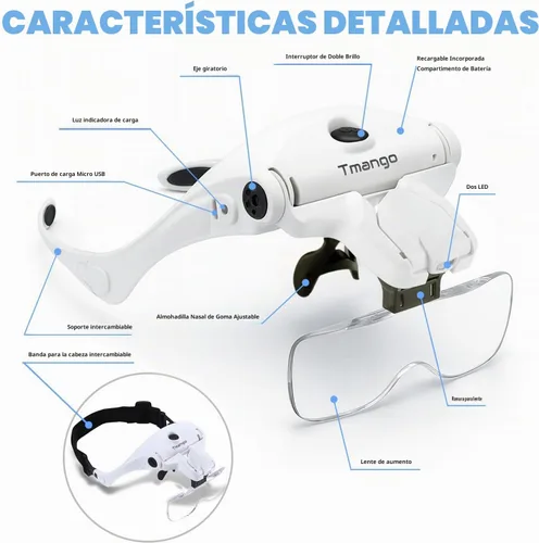 Vista 8 de Lupa de diadema iluminada recargable, herramienta de aumento manos libres para joyas, extensiones de pestañas, reparación de relojes, punto de cruz
