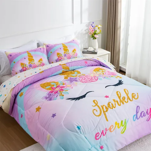Vista 3 de NTBED Juego de edredón individual de unicornio con sábanas, juego de ropa de cama individual de 5 piezas para niñas, microfibra ligera, arcoíris