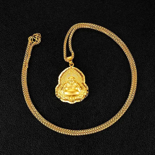 Vista 4 de Collar de Buda riendo chapado en oro de 24 quilates, colgante religioso con amuleto de la suerte, joyería Fengshui, Cobre, No es una piedra preciosa