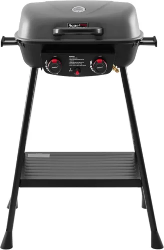 Vista 2 de Royal Gourmet GT2003 Parrilla portátil de gas propano de 2 quemadores con soporte y rejilla calefactora, combo de parrilla y plancha 2 en 1