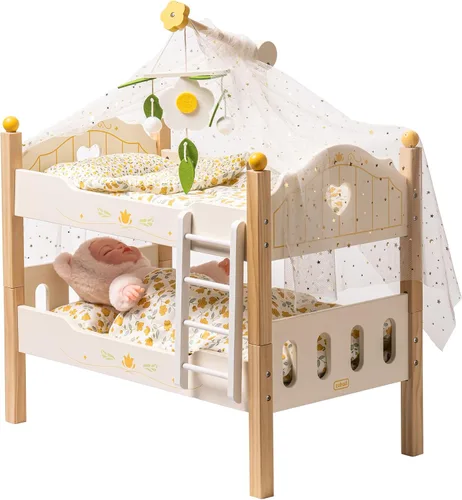 Vista 11 de ROBUD Cuna para Muñeca de Bebé, Camas de Madera para Muñecas de 20 Pulgadas, Literas Verdes para Muñeca de Bebé con Tul, Cama para Muñeca American