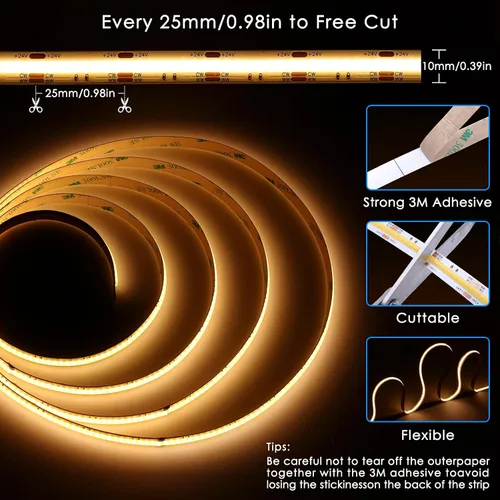 Vista 5 de CCT COB Smart LED Strip – 32.8 pies/32.8 ft sintonizable blanco 2700K-6500K 24V tira de luz regulable con control remoto 6400LEDs CRI90+ compatible