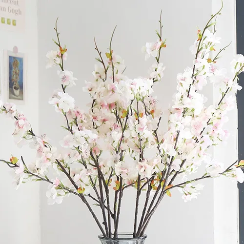 Vista 7 de 6 ramas artificiales de cerezo de seda de cerezo sintético, tallos altos, flores artificiales para florero, boda, decoración del hogar (rosa claro)