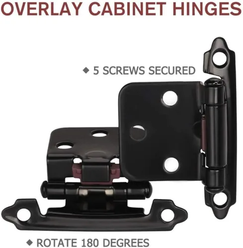 Vista 5 de 12 bisagras negras para puerta de gabinete, bisagras de cierre automático de cocina superpuestas de 1/2 pulgada (6 pares)