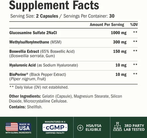 Vista 2 de Sulfato de glucosamina con ácido hialurónico, bioperina, MSM y Boswellia - Suplemento ocasional para aliviar las molestias en las articulaciones.