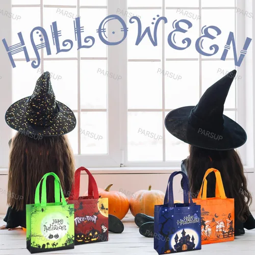 Vista 5 de PARSUP 20 bolsas de Halloween para dulce o truco, no tejidas grandes bolsas de regalo con asas para envolver regalos, suministros de fiesta, 7.9 x