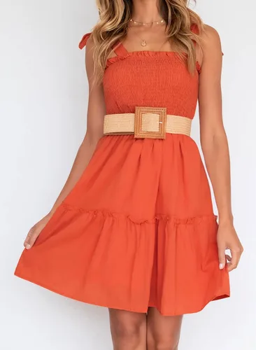 Vista 8 de MUXERI Women's Bohemian Solid Color Spaghetti Straps Shirred Square Neck Swing A Line Beach Mini Dress
