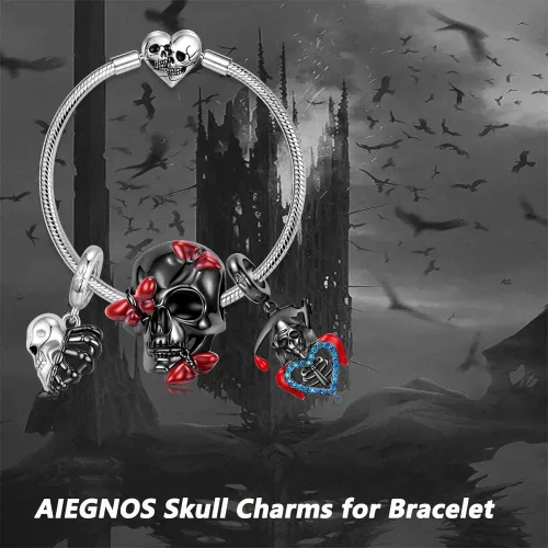 Vista 4 de AIEGNOS Dijes de calavera para pulsera de plata de ley 925 con diseño anatómico de corazón de pulmón, cerebro de calavera, esqueleto gótico