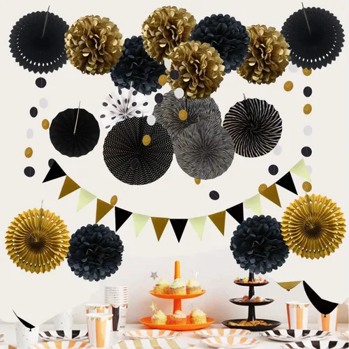 Vista 6 de Zerodeco - Decoración de fiesta, 21 piezas de abanicos de papel, pompones flores, tiras de cuerdas de lunares y banderines triangulares